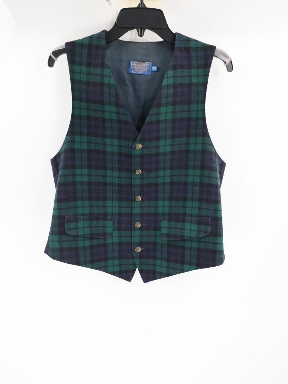 Vintage Pendleton Wool Vest Mens 40 blue Tartan waistcoat Plaid Goldtone Buttons